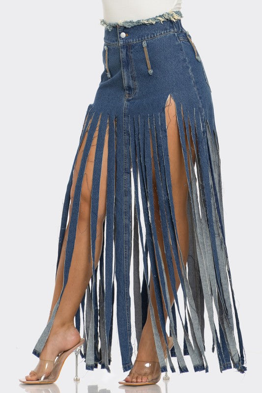 【GRANCY】Fringedesign Denim Skirt GANNI | Fringed Heavy Medium Wash Denim Midi Skirt | Women