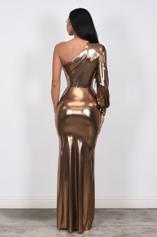 Goddess of The Night Metallic Foil Ruched Maxi Dress Small / Silver Goddess of The Night Metallic Foil Ruched Maxi Dress Small / Silver
