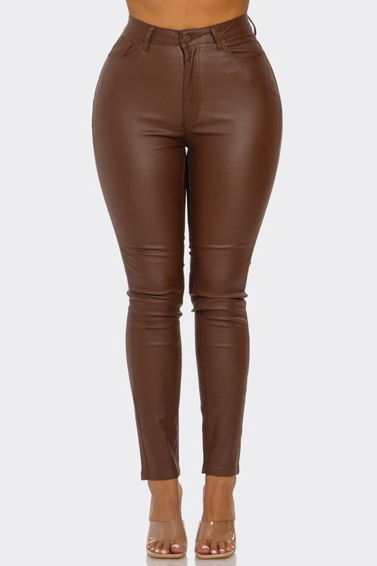 Brown Leather Womens Faux Leather Jeans Vintage Look Wide Leg Faux