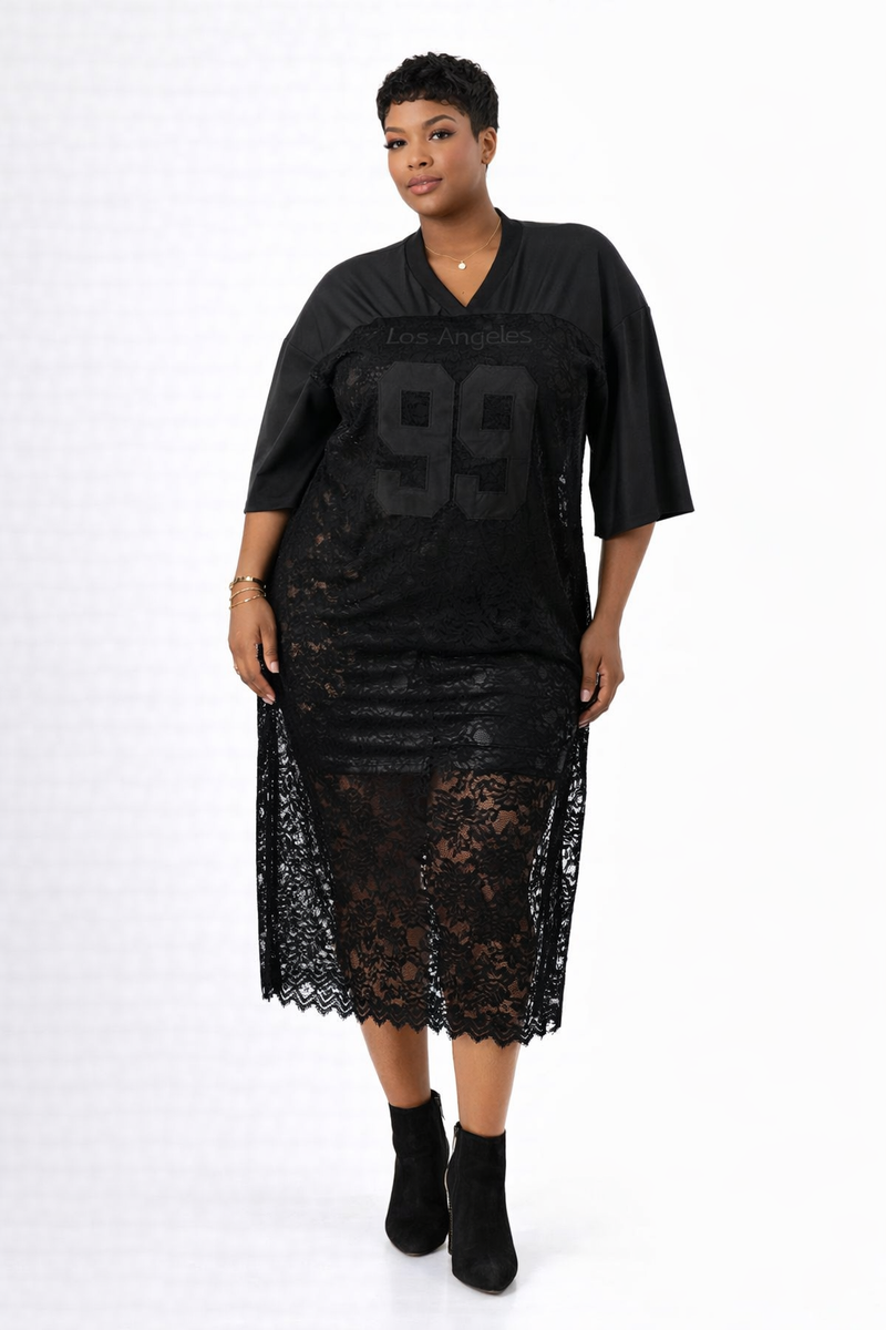 lace jersey dress Pink Coast Plus Short Sleeve Midi With Panel tone colorway La Femme 33133 - Long