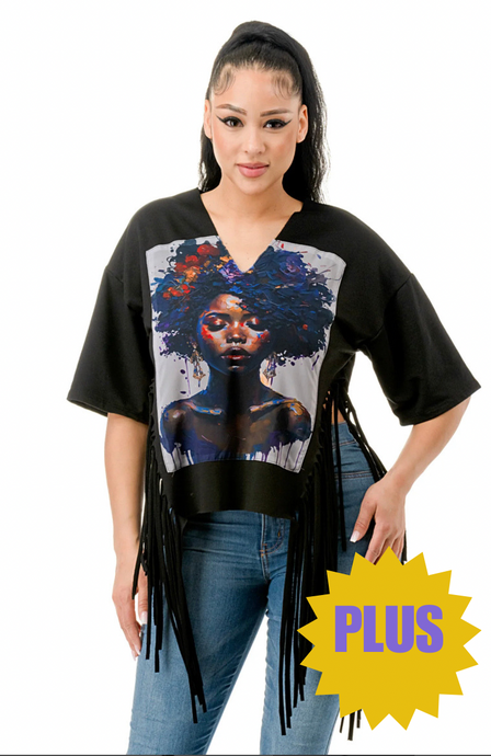 Oversized V-Neck Fringe Graphic T-Shirt - Plus