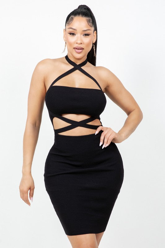 slim fit dress slacks Confident Beauty Crisscross Halter Mini Dress Large / Black