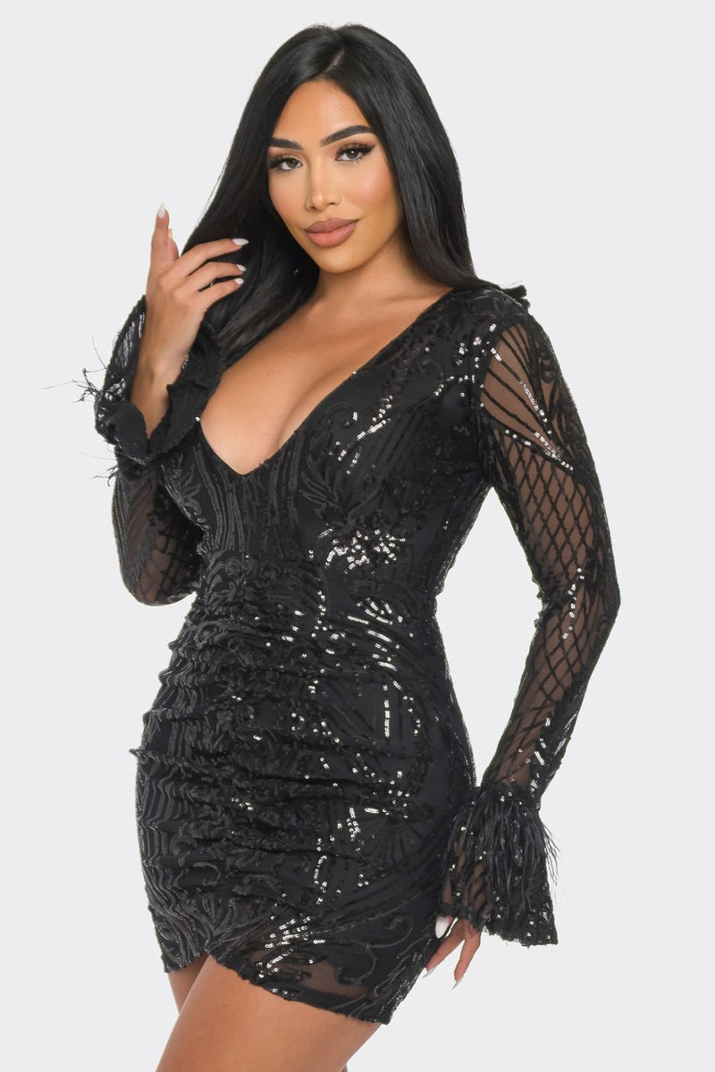 Champagne Showers Black Sequin Bodycon Dress Blacque Licorice Sequin  Bodycon Mini Dress Large / Black