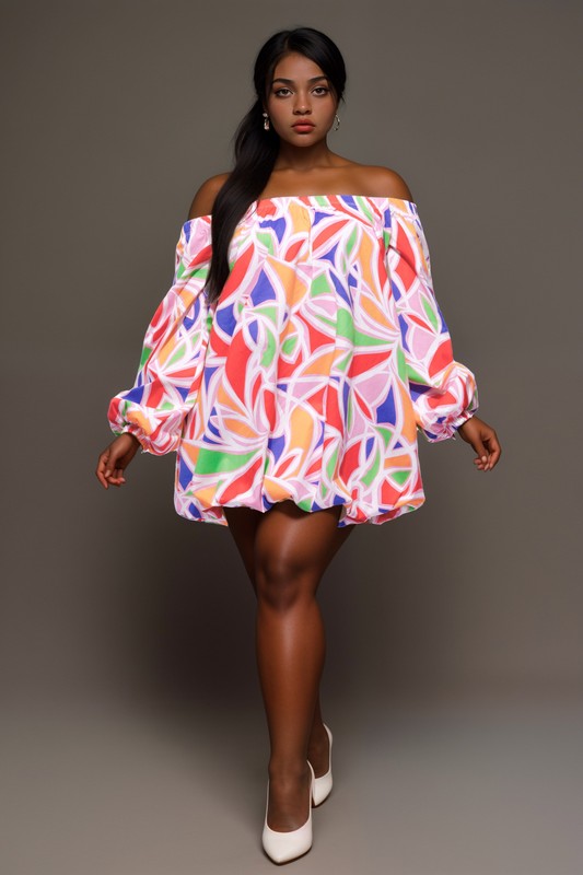 In Living Color Abstract Off Shoulder Bubble Dress - Plus