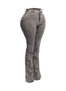 Women's Pinched Denim Acid Wash Flare Leg Pants