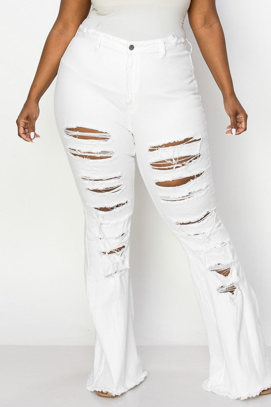 Women's High Waist Distressed Flare Jeans - Plus