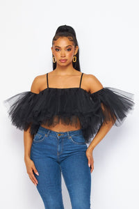 Sweet Surprise Puffy Tulle Cold Shoulder Crop Top