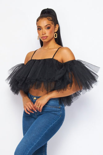 Sweet Surprise Puffy Tulle Cold Shoulder Crop Top