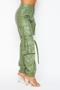 Women's Faux Leather Cargo Pocket Jogger Pants