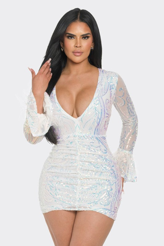 Wonderland Sequin Bodycon Mini Dress Large / White