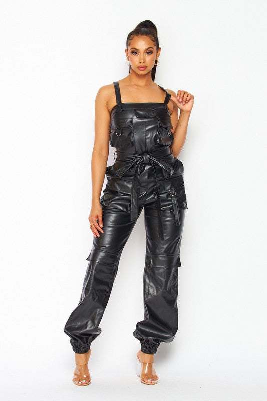 On The Move Faux Leather Cargo Jumpsuit