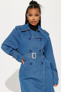 Ride or Die Denim Belted Double-Breasted Trench Coat