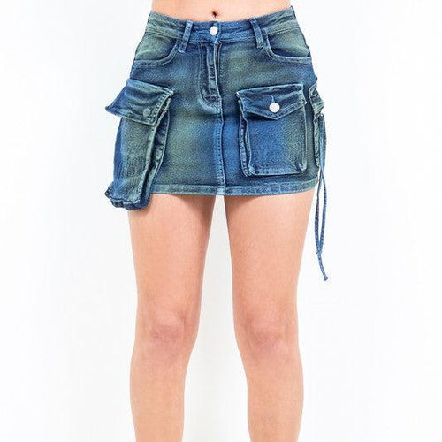 Acid Wash Pop Out Pocket Denim Mini Skirt - Plus