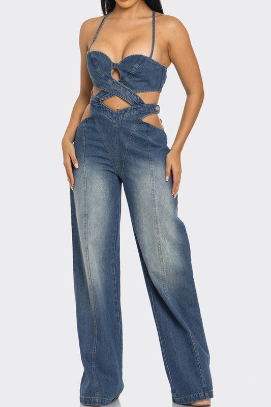 Poetic Justice Denim Cutout Wide-Leg Jumpsuit