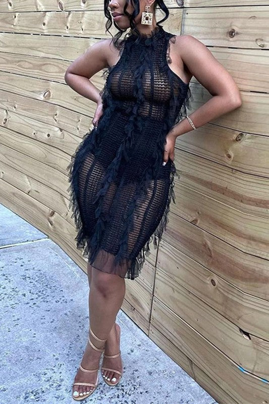 mesh dress near me Keep Me Wild Fringe Detail Mesh Mini Dress – Blacque Onyx Apparel