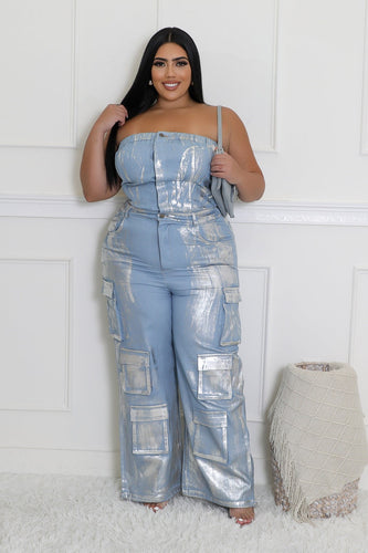 Make A Statement Strapeless Metallic Denim Jumpsuit - Plus