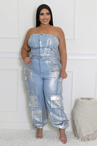 Make A Statement Strapeless Metallic Denim Jumpsuit - Plus