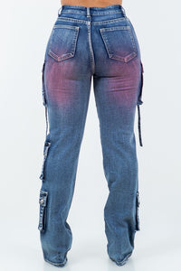 Women's Colored Wash Multi Cargo Pocket Denim Jeans