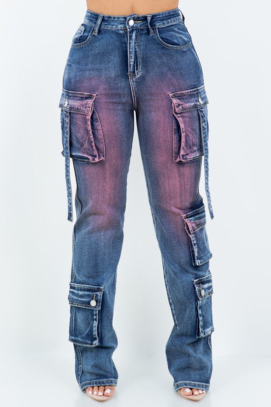 Women's Colored Wash Multi Cargo Pocket Denim Jeans