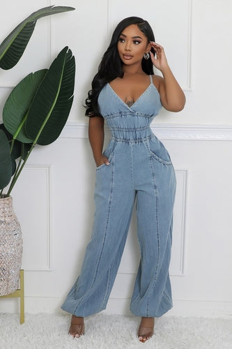 Going Anywhere Denim V Neck Jumpsuit