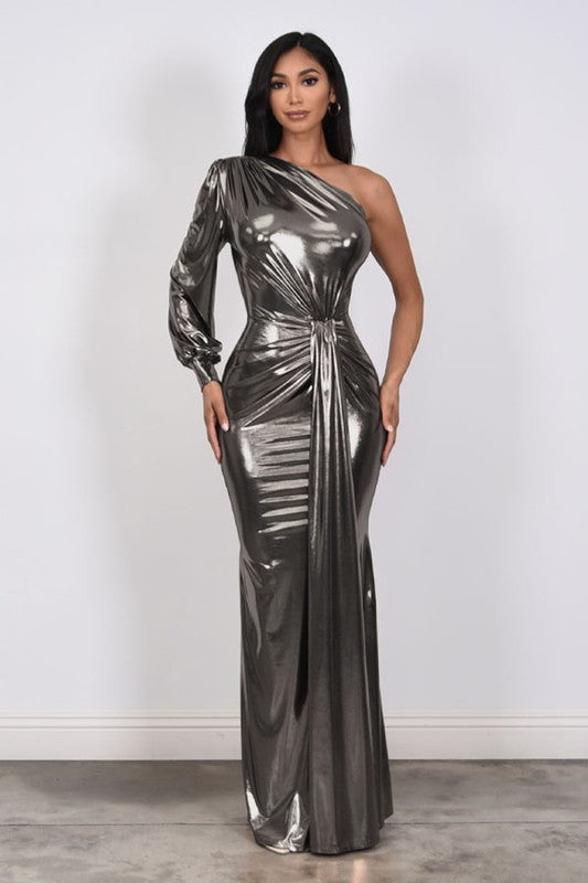 Goddess of The Night Metallic Foil Ruched Maxi Dress Small / Silver Goddess of The Night Metallic Foil Ruched Maxi Dress Small / Silver
