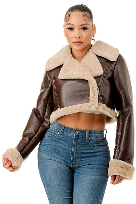 Cropped Faux Leather Jacket with Fur Lining – Blacque Onyx