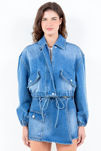 Blue Roses Denim Drawstring Jacket and Skort Set