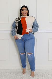 I'm Different Denim Sleeve Colorblock Sweater - Plus