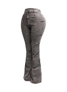 Women's Pinched Denim Acid Wash Flare Leg Pants