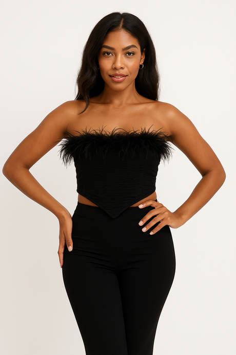 A Little Fancy Fur Trim Satin Crop Top