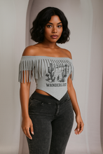 Wanderlust Fringe Off Shoulder Graphic Top