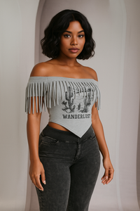 Wanderlust Fringe Off Shoulder Graphic Top