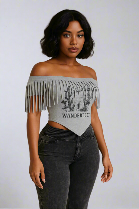 Wanderlust Fringe Off Shoulder Graphic Top