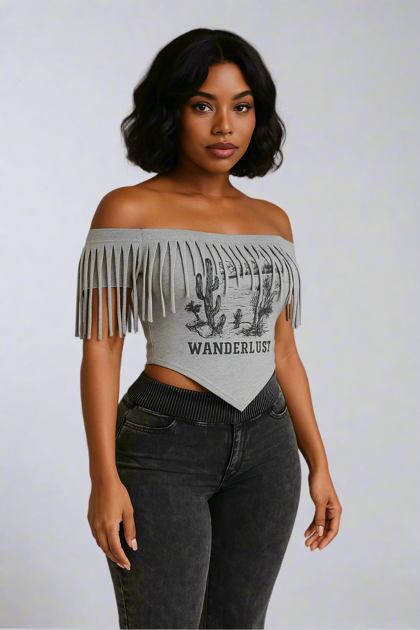 Wanderlust Fringe Off Shoulder Graphic Top – Blacque Onyx Apparel