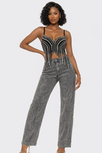 Vertical Rhinestone Striped Wide Leg Jeans