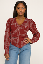 Abstract Long Sleeve Wrap Front Hanky Hem Top