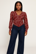 Abstract Long Sleeve Wrap Front Hanky Hem Top