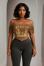 Wanderlust Fringe Off Shoulder Graphic Top