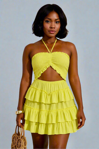 Away With Me Ruffled Halter Mini Dress