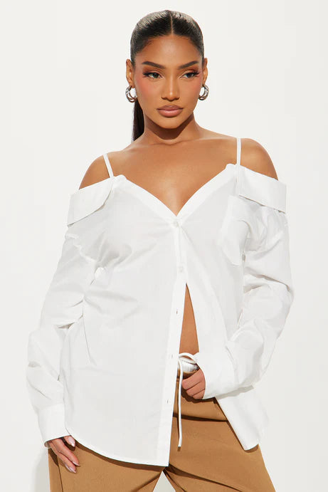 Long Sleeves Off Shoulder White Button Up Top