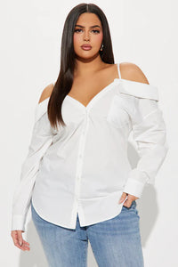 Long Sleeves Off Shoulder White Button Up Top