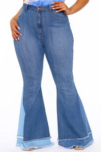 High Rise Two Tone Flare Jeans - Plus