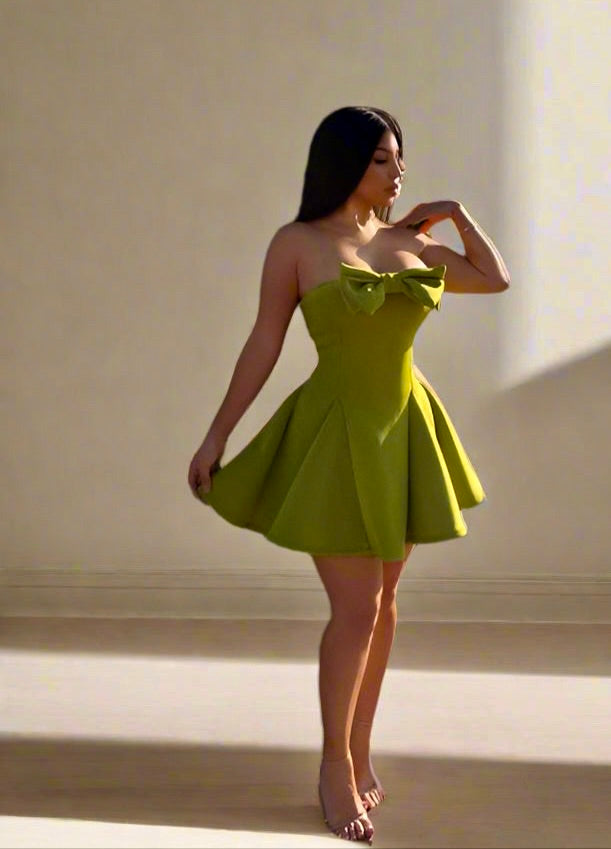 Strapless Barbie Bow Flare Mini Dress Large / Avocado Green