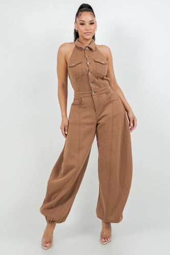 Halter Neck Button-Down Wide Leg Jumpsuit