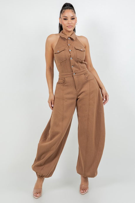 Halter Neck Button-Down Wide Leg Jumpsuit