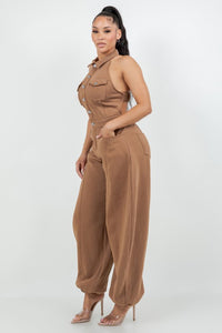 Halter Neck Button-Down Wide Leg Jumpsuit