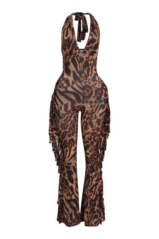 Safari Dreams Leopard Halter Fringe Jumpsuit