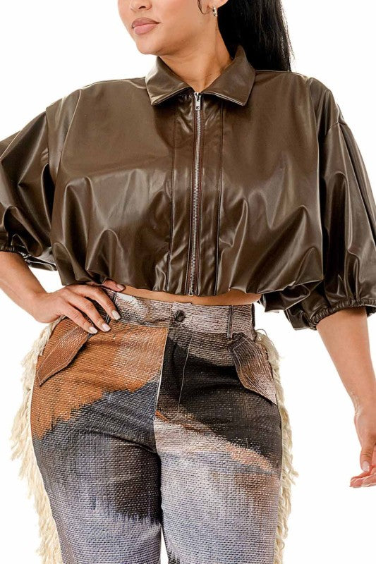 Boss Lady Puff Sleeve Cropped Leather Jacket - Plus