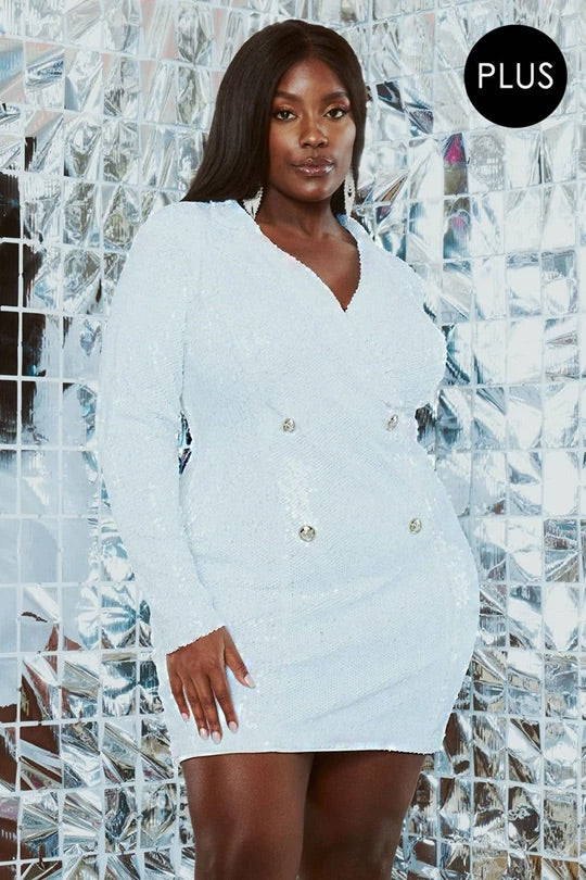 Classy Girlz Sequin Blazer Mini Dress - Plus 1X-Large / Ivory Classy Girlz Sequin Blazer Mini Dress - Plus 1X-Large / Ivory