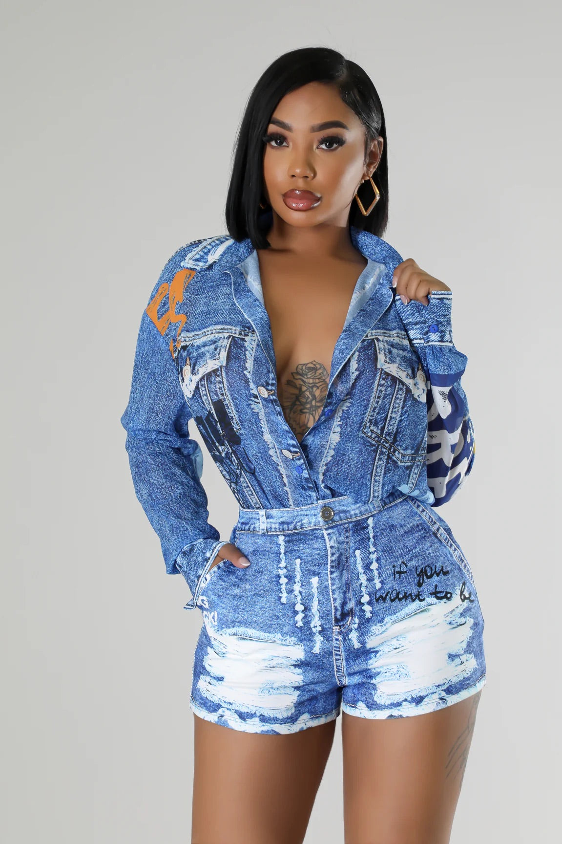 3D Denim Effect Chiffon Blouse Short Set – Blacque Onyx Apparel